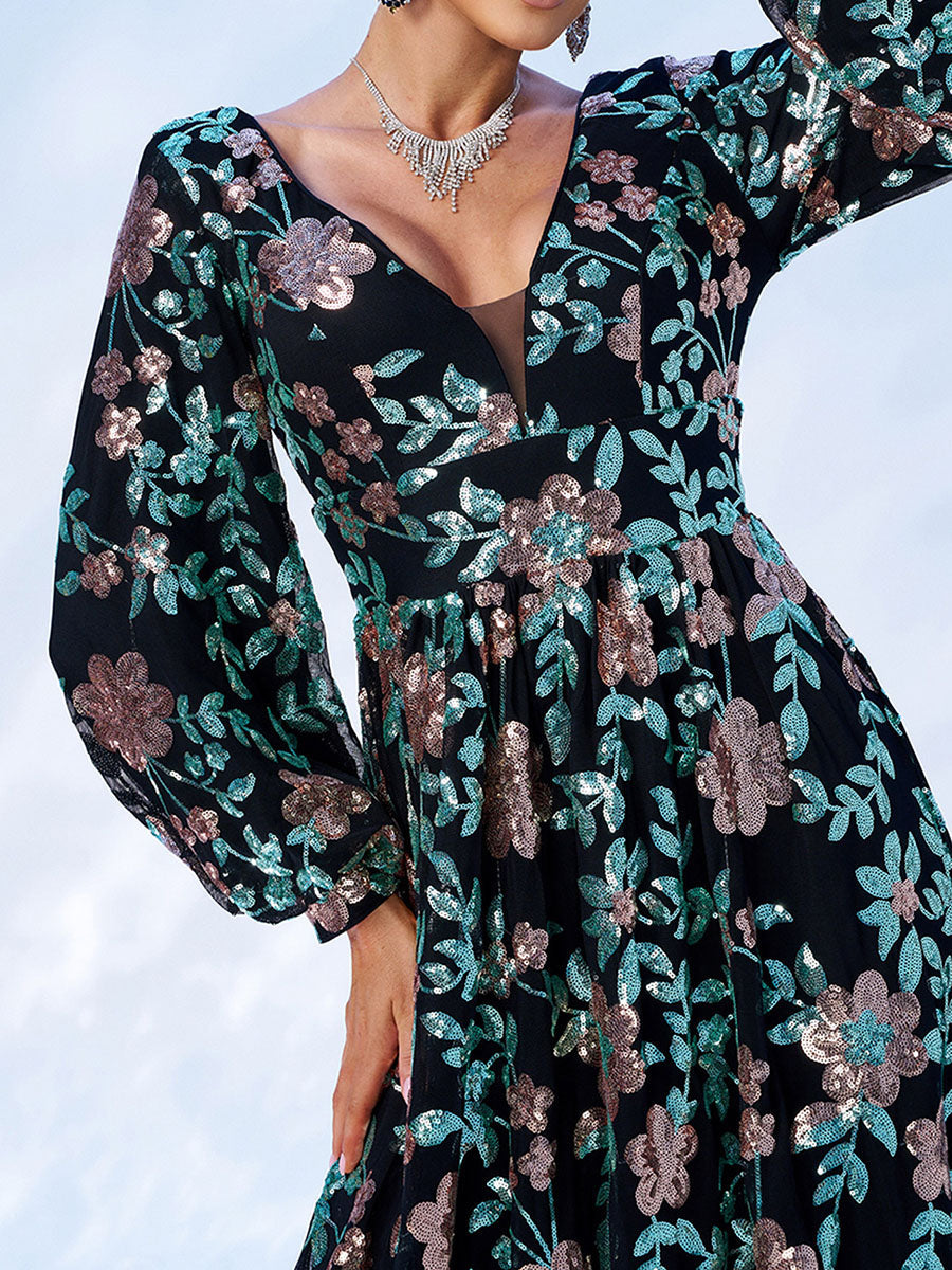 Langarm Promkleid mit Blumen und Glanz RJ10789