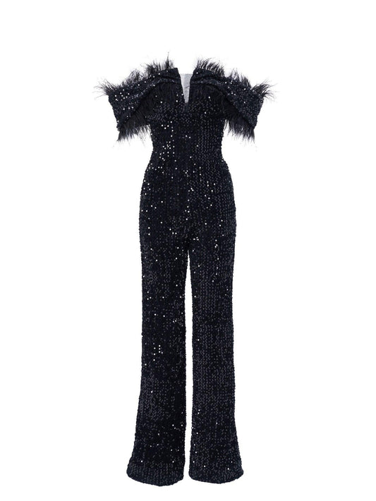 Off Shoulder Feather Jumpsuits M02251 - MISS ORD