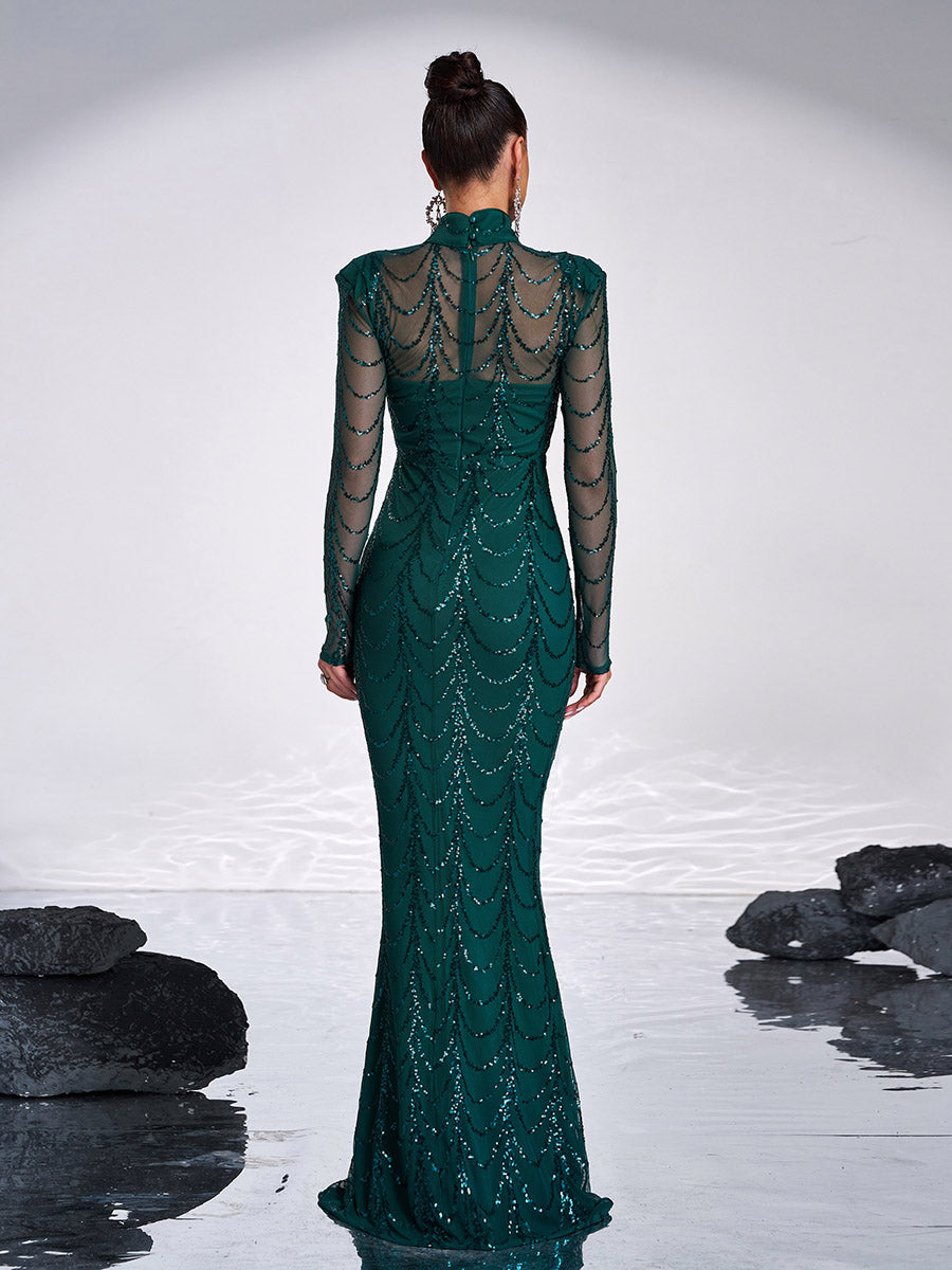 Transparentes Paillettenkleid mit Fischschwanz M0032