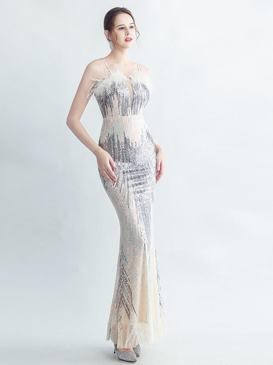 Spaghetti Straps Feather Gradient Sequin Dress GM90120 - MISS ORD