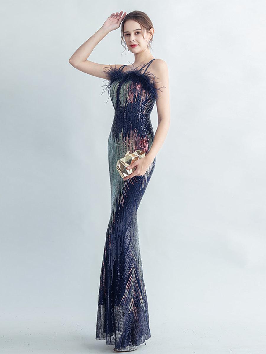 Spaghetti Straps Feather Gradient Sequin Dress GM90120 - MISS ORD