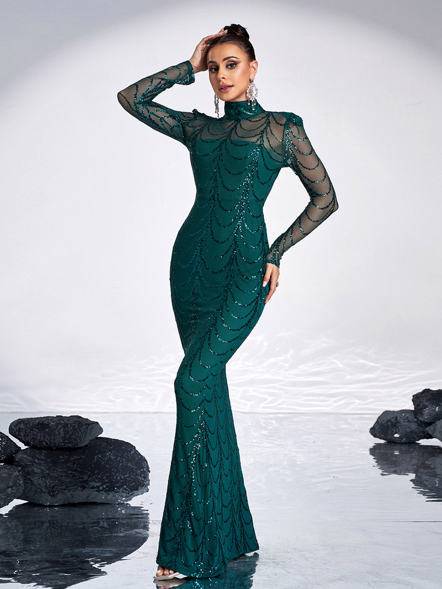 Transparentes Paillettenkleid mit Fischschwanz M0032