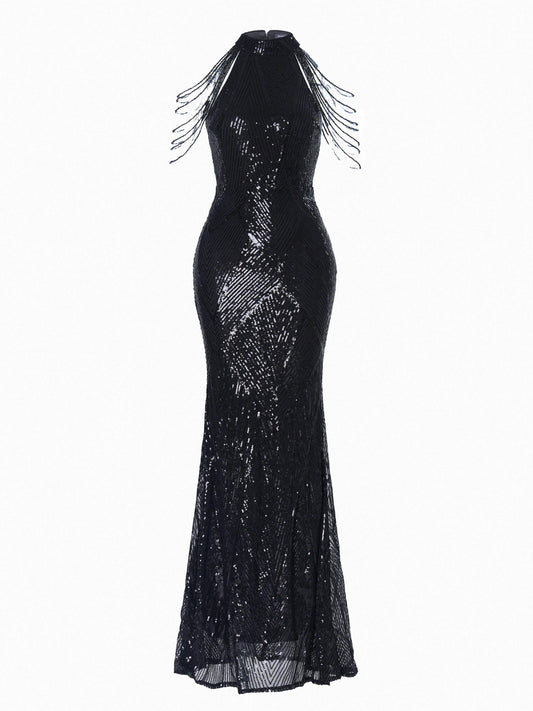 Schwarzes Cocktailkleid mit Perlen und Pailletten M01081