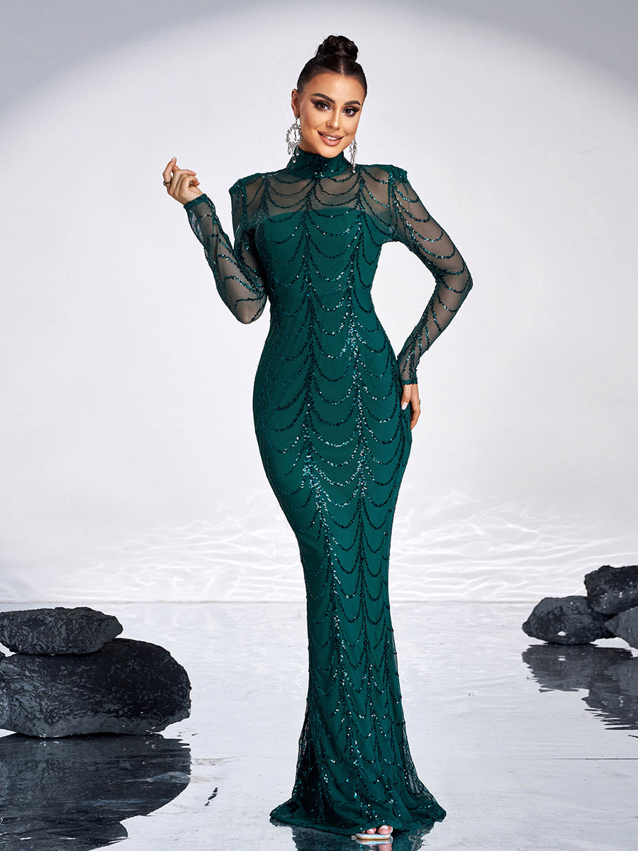 Transparentes Paillettenkleid mit Fischschwanz M0032