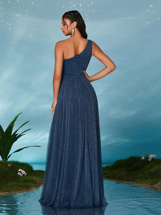 One Shoulder Mesh Pleated Prom Dress MCW1149 - MISS ORD