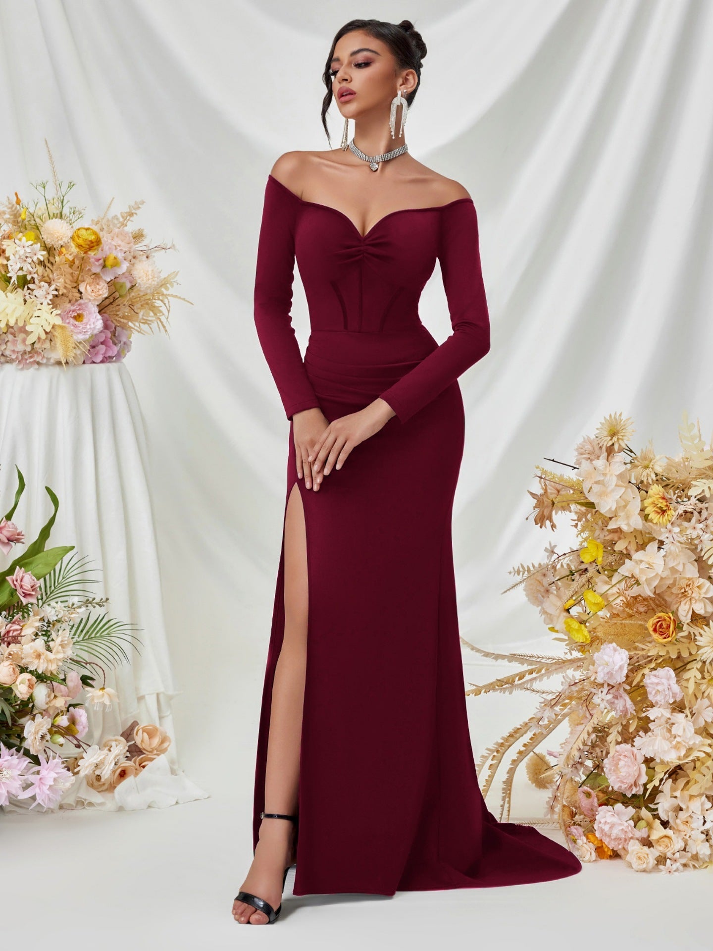 Schulterfrei Langarm Korsett Abendkleid XF05708