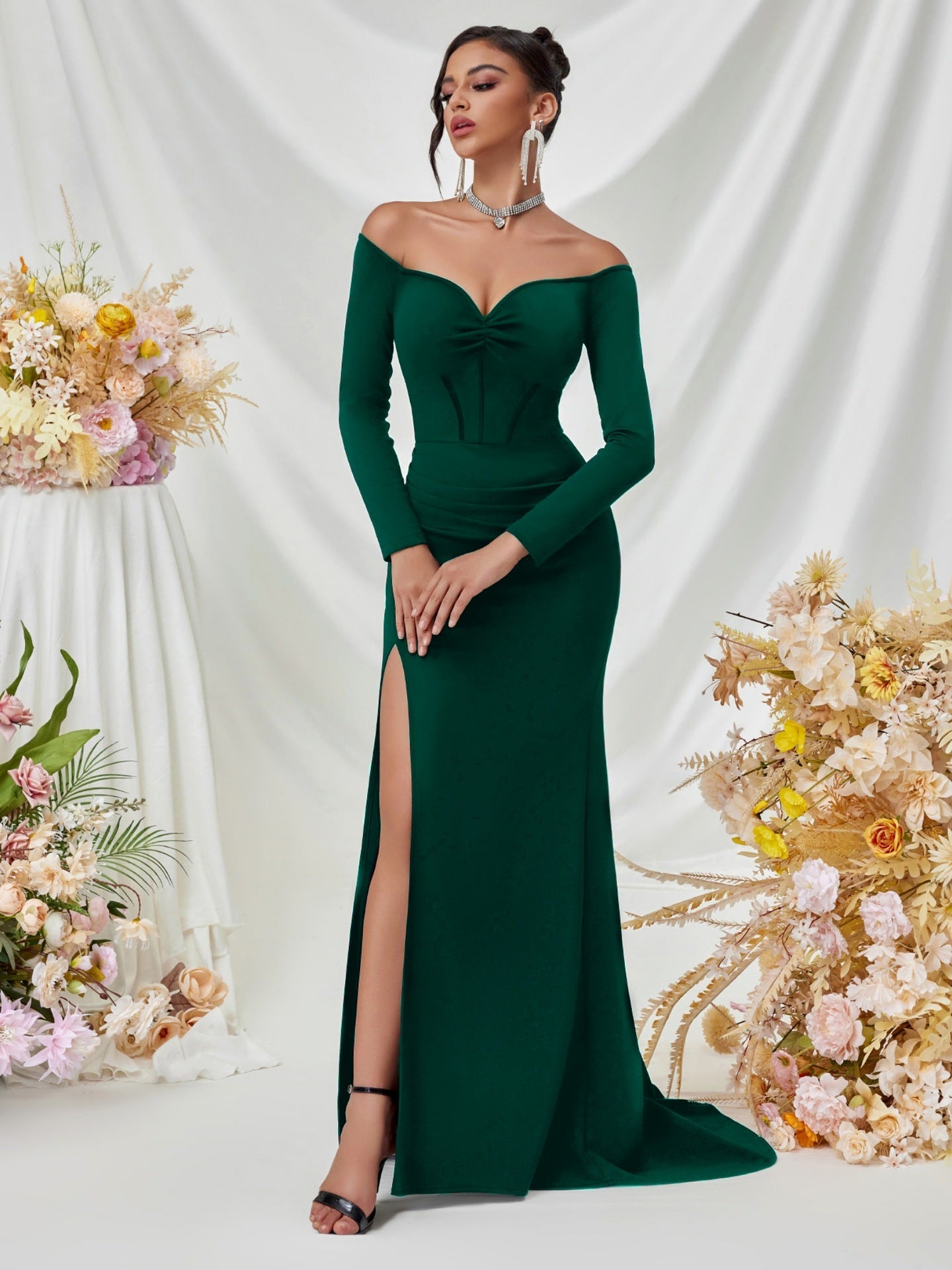 Schulterfrei Langarm Korsett Abendkleid XF05708