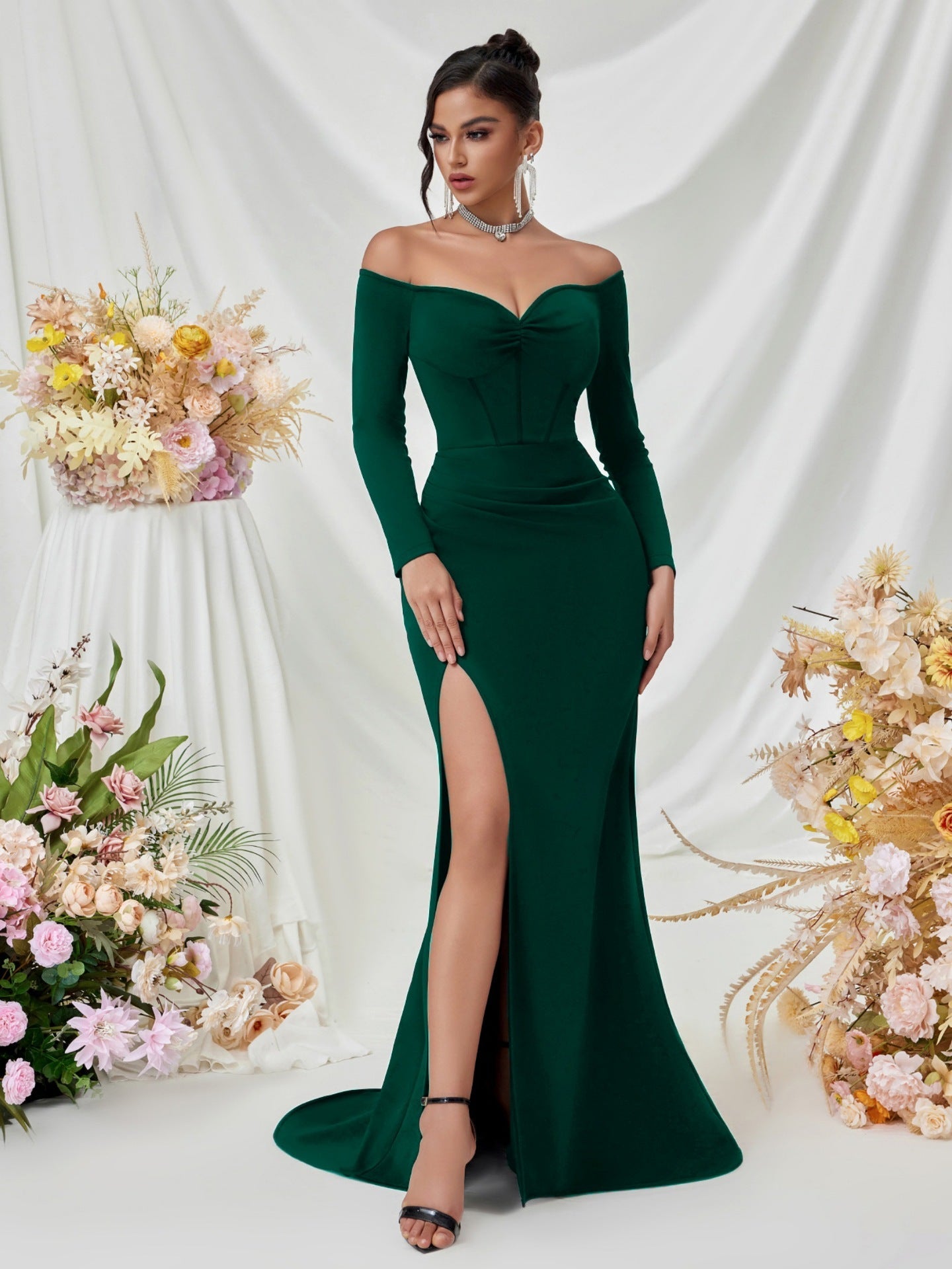 Schulterfrei Langarm Korsett Abendkleid XF05708