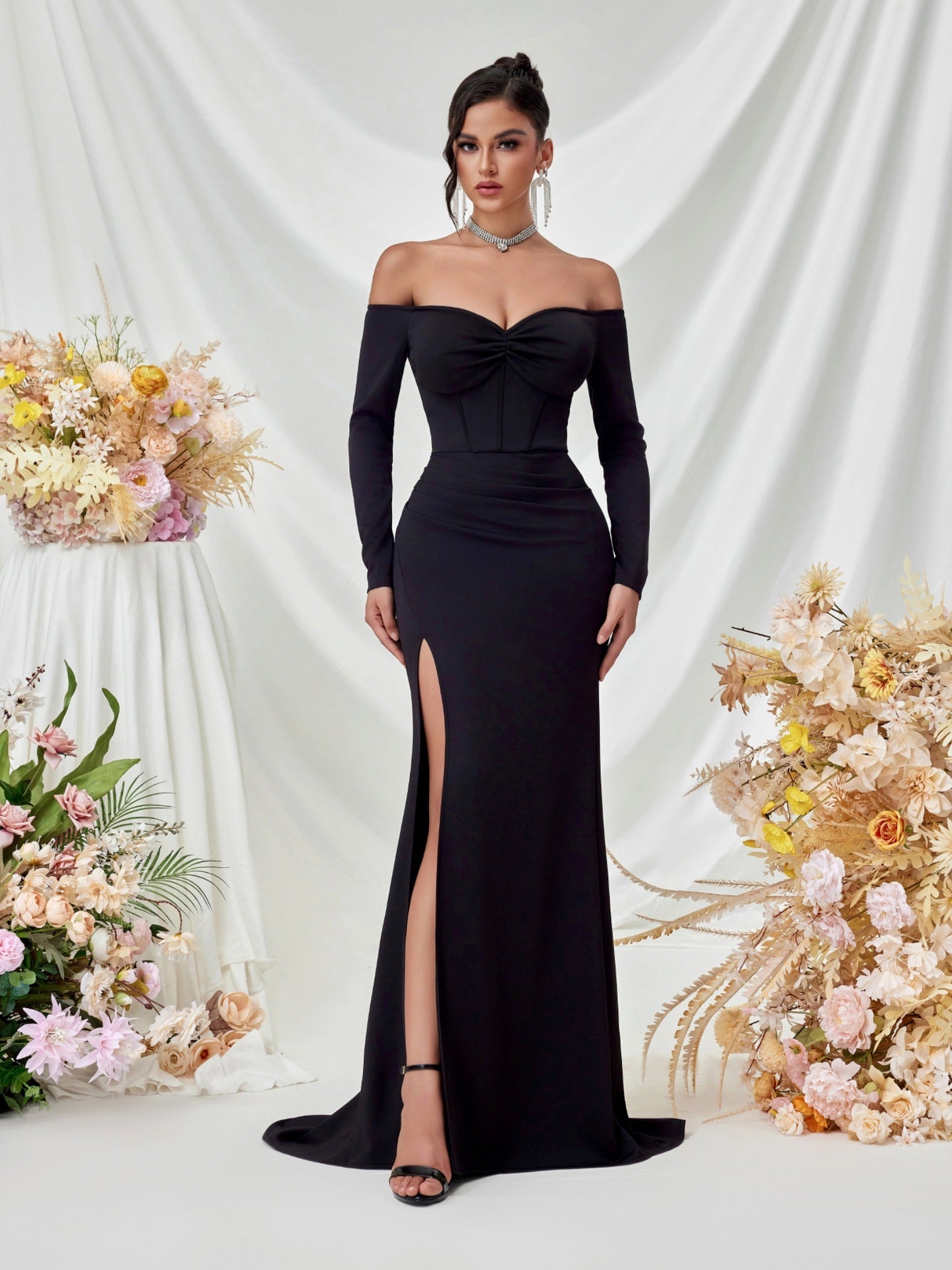 Schulterfrei Langarm Korsett Abendkleid XF05708
