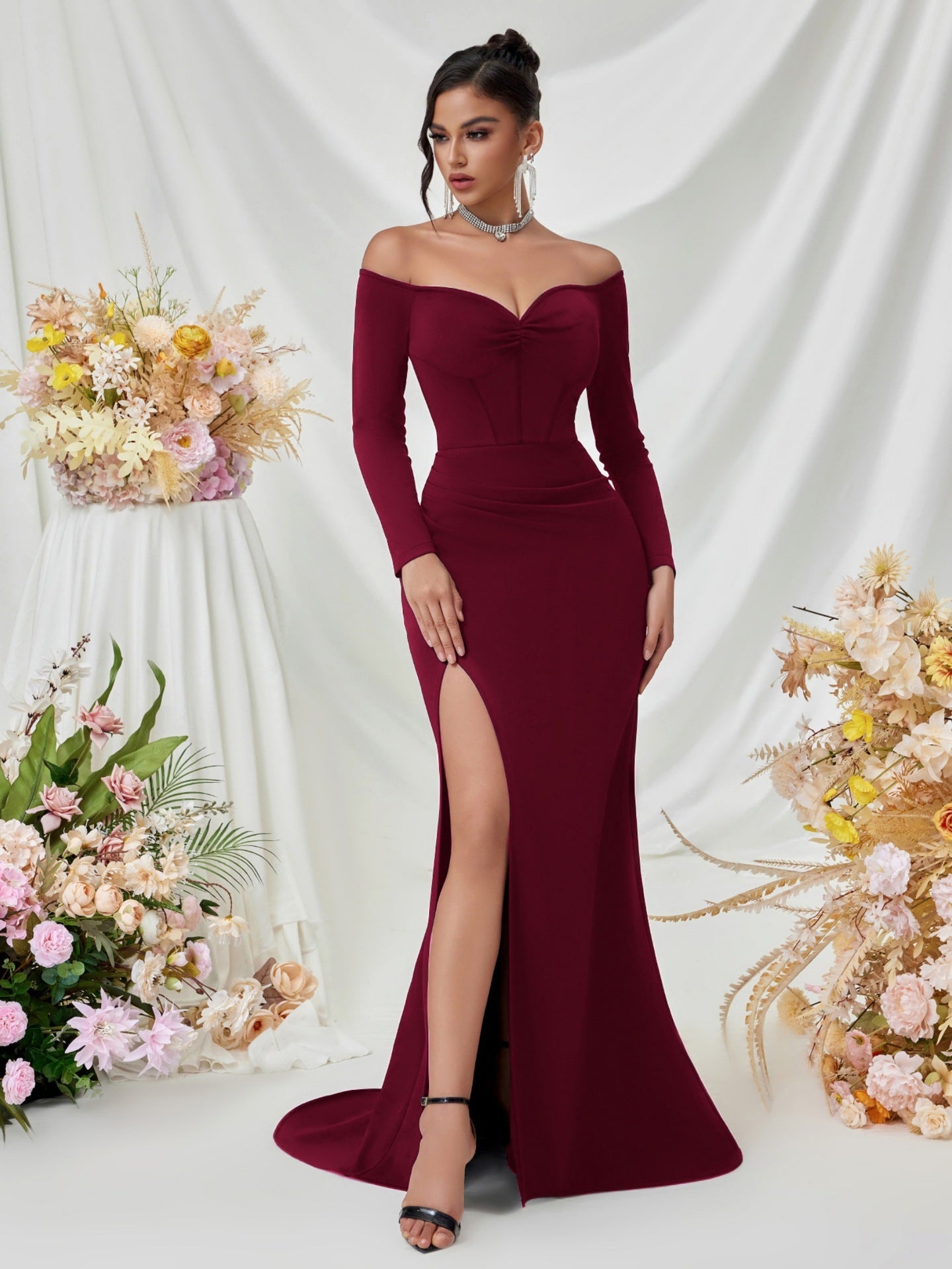 Schulterfrei Langarm Korsett Abendkleid XF05708