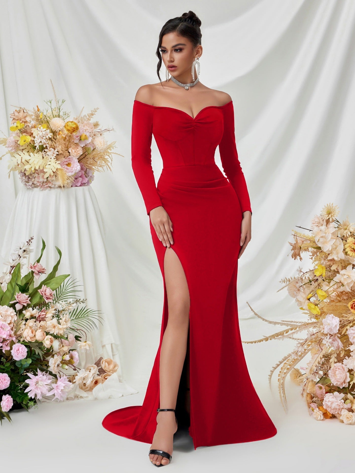 Schulterfrei Langarm Korsett Abendkleid XF05708