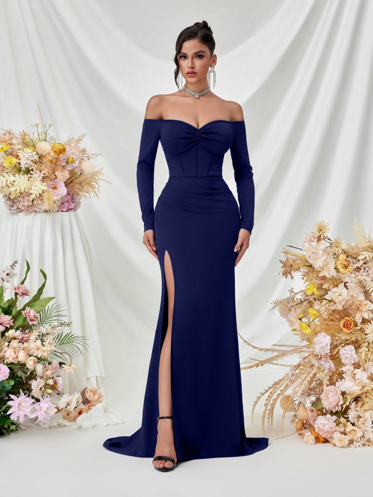 Schulterfrei Langarm Korsett Abendkleid XF05708
