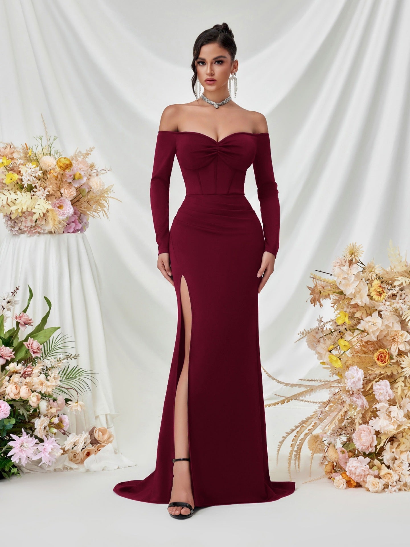 Schulterfrei Langarm Korsett Abendkleid XF05708