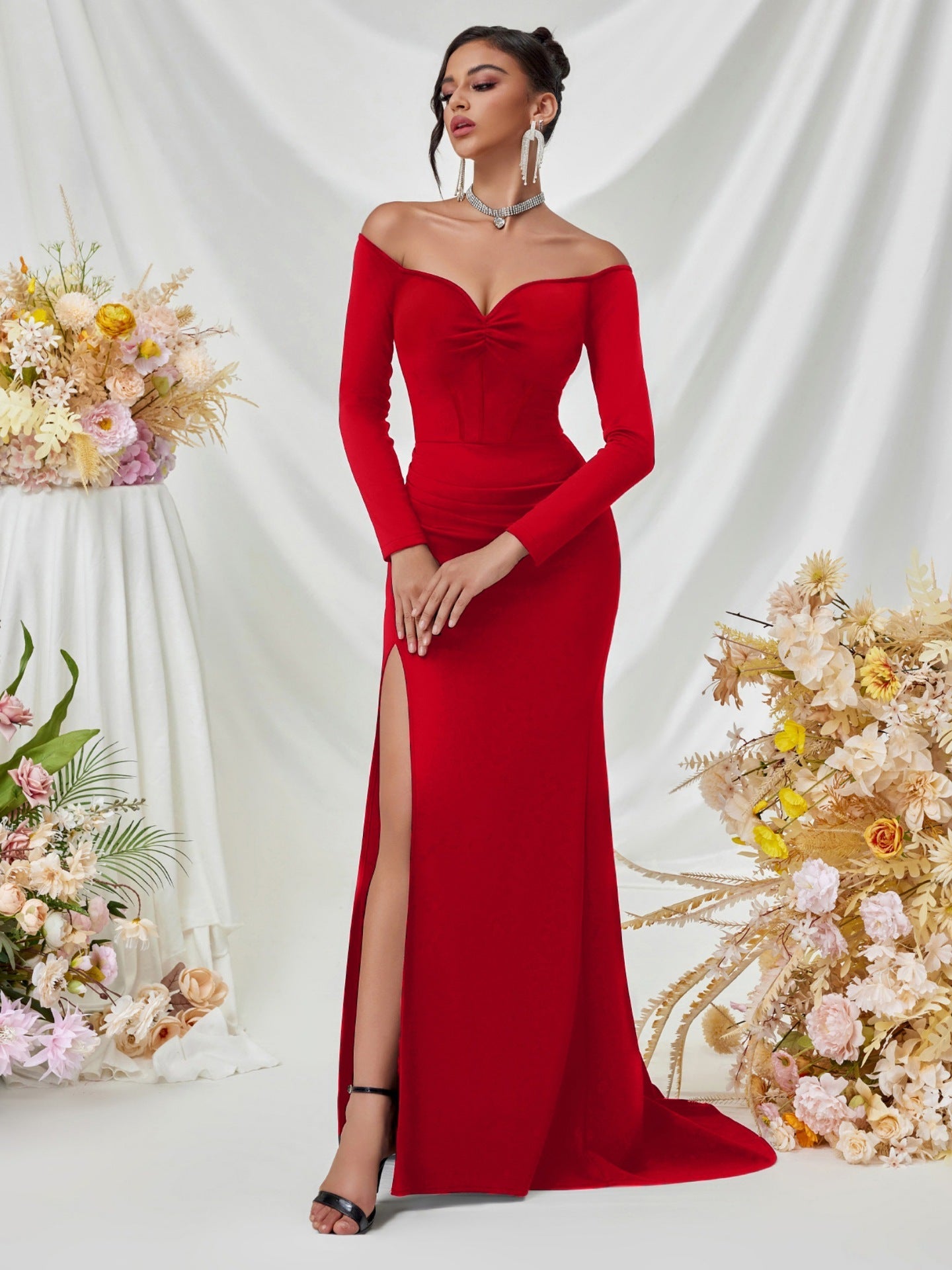 Schulterfrei Langarm Korsett Abendkleid XF05708