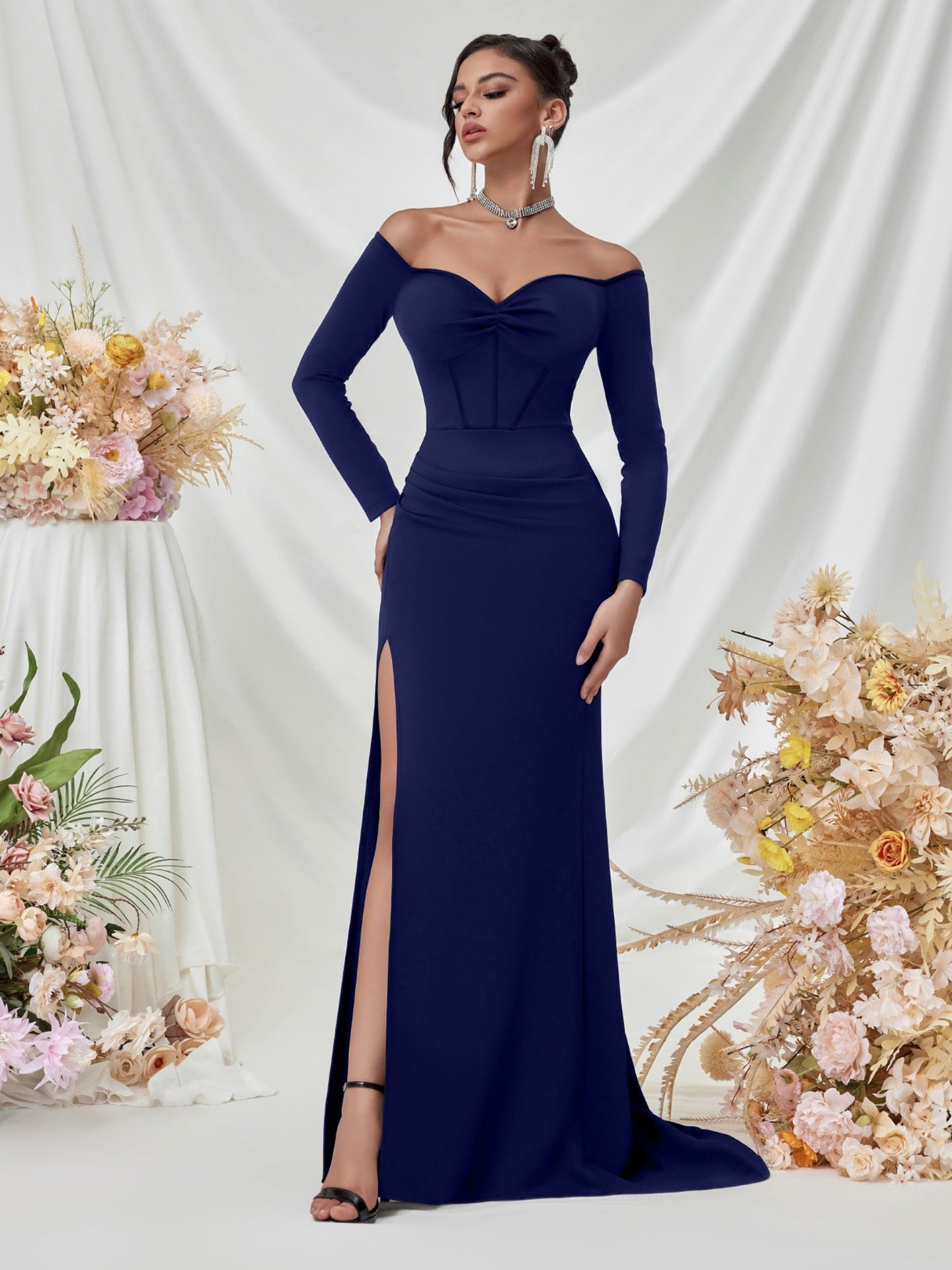 Schulterfrei Langarm Korsett Abendkleid XF05708