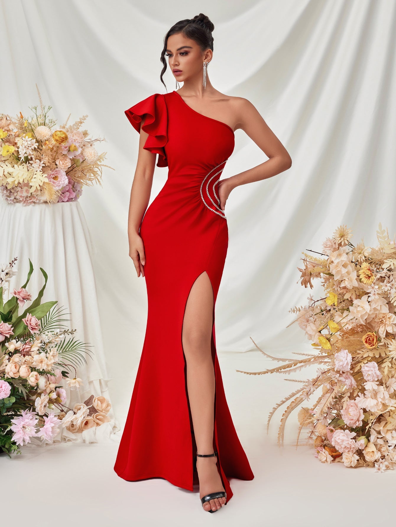 Rüschen One-Shoulder Hochzeitsgast Kleid XF05710
