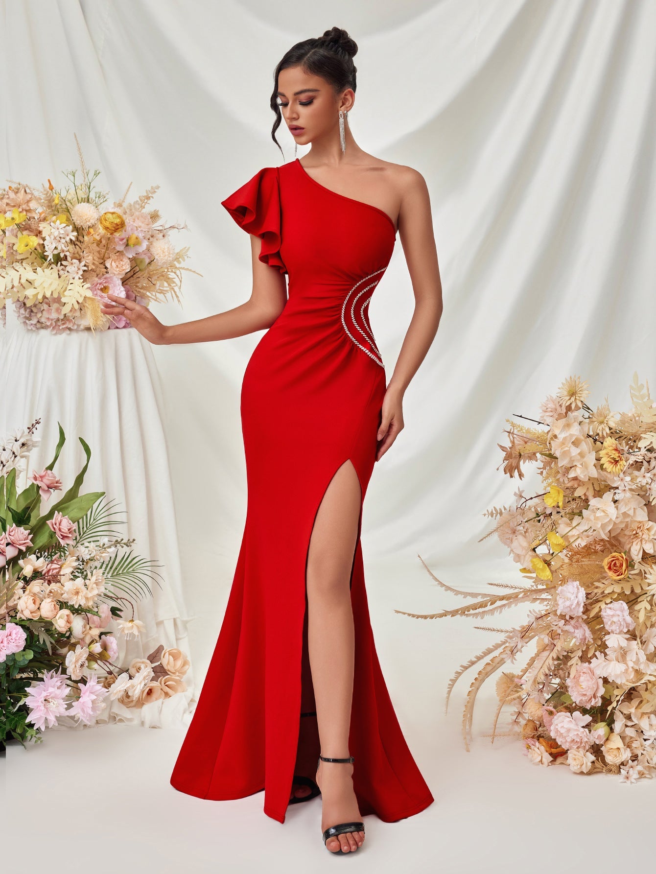 Rüschen One-Shoulder Hochzeitsgast Kleid XF05710