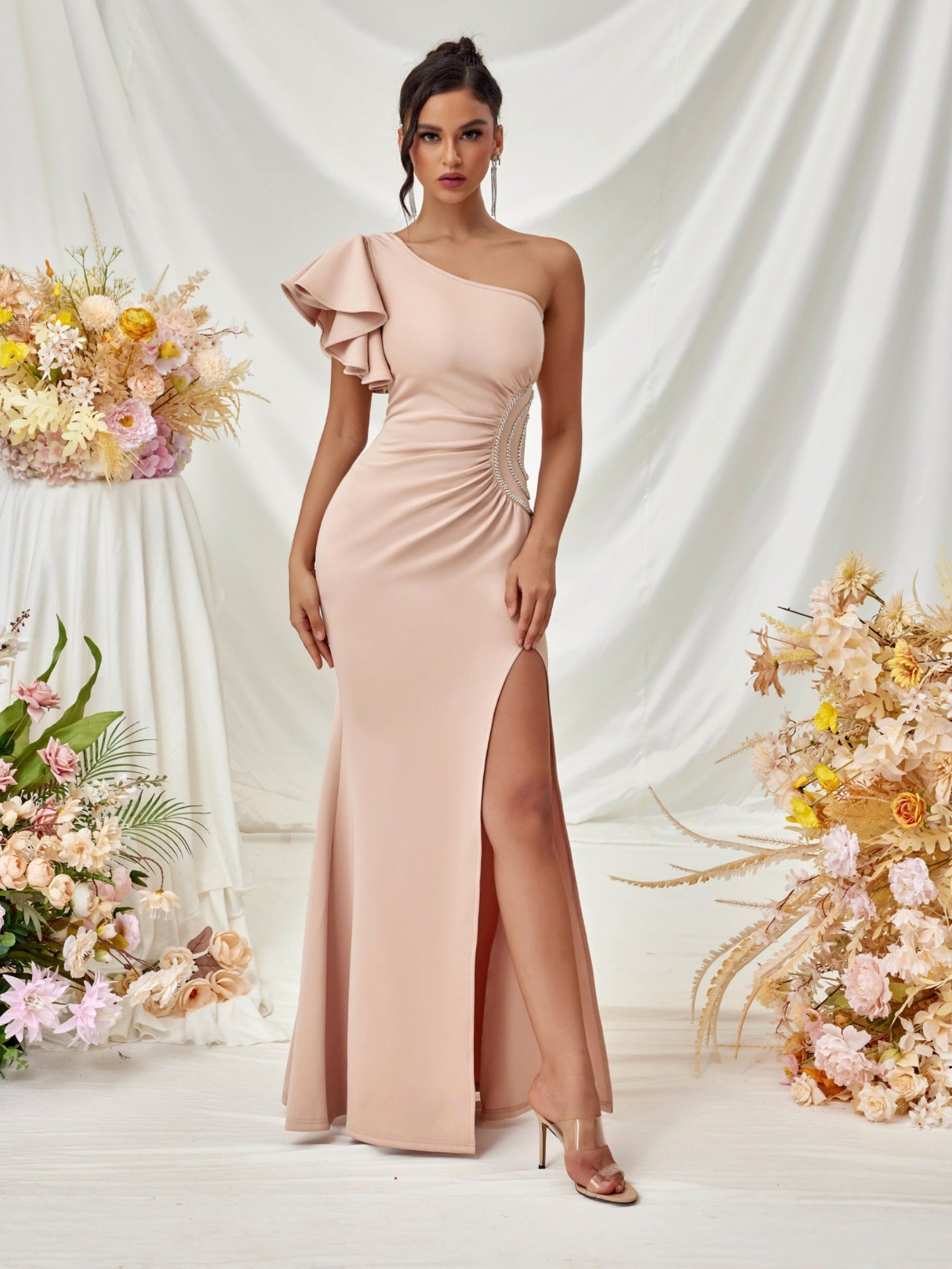 Rüschen One-Shoulder Hochzeitsgast Kleid XF05710