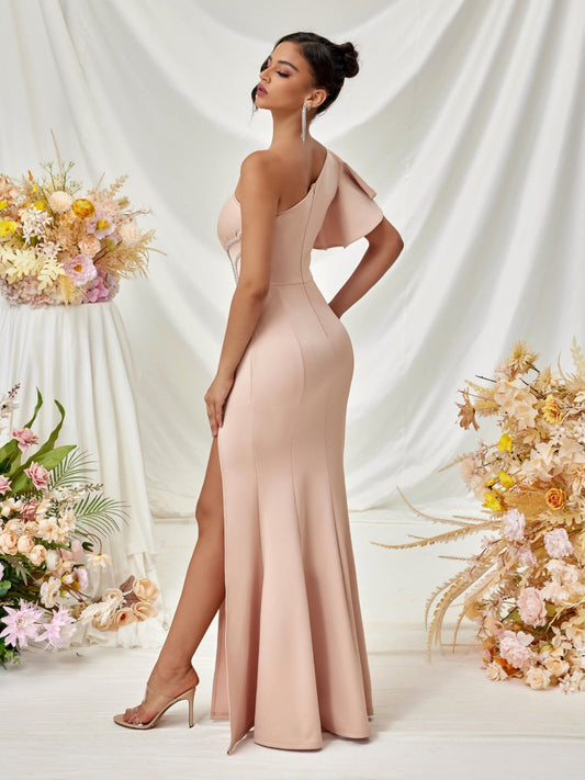 Rüschen One-Shoulder Hochzeitsgast Kleid XF05710