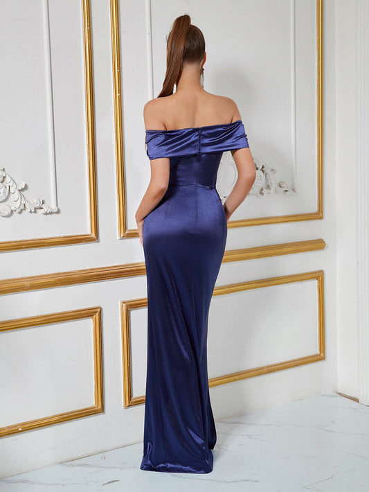 Schulterfrei Satin Schlitz Abendkleid XF05713