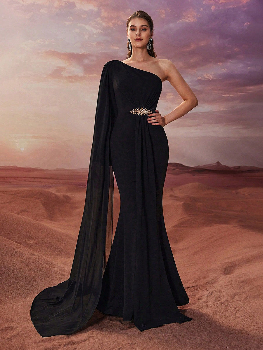 Schwarzes Chiffonkleid Elegant Meerjungfrau Schulterfrei XF1014