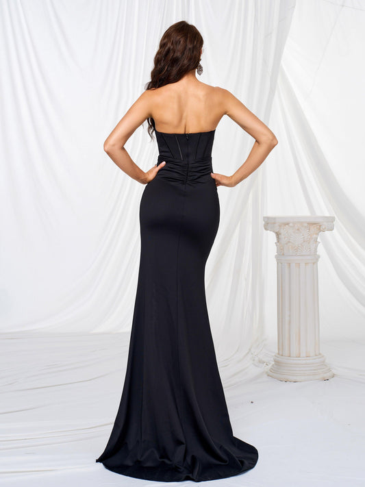 Corset Strapless Split Plain Maxi Dress GM90016 - MISS ORD