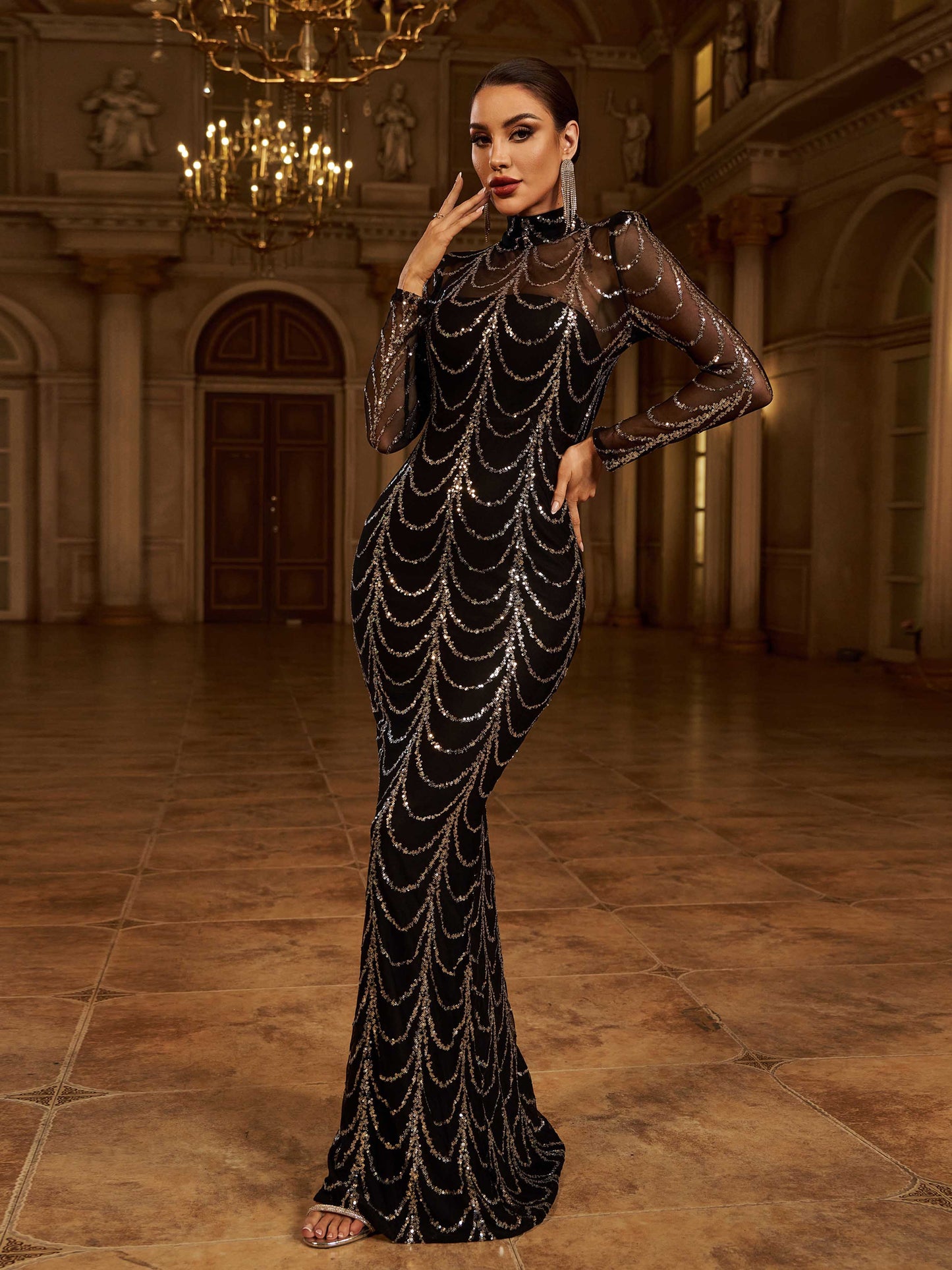 Transparentes Paillettenkleid mit Fischschwanz M0032