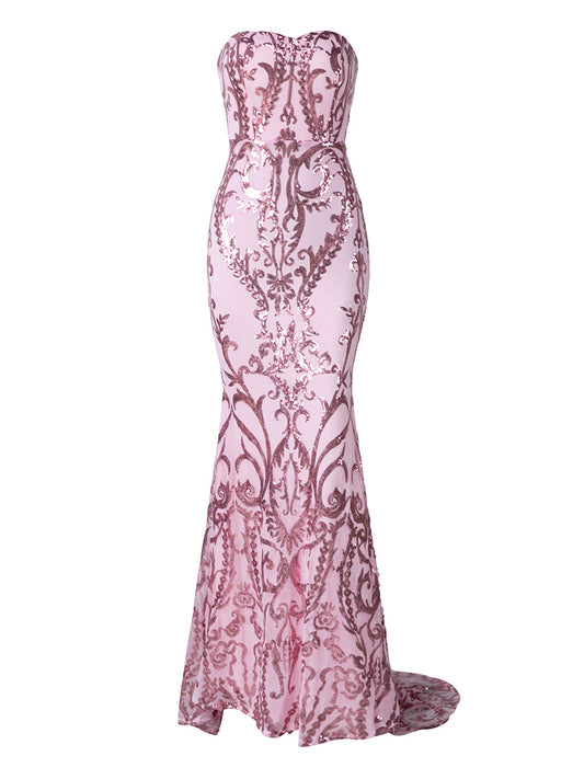 Rosa Paillettenkleid Schulterfrei Meerjungfrau Tribal-Stil XH1342