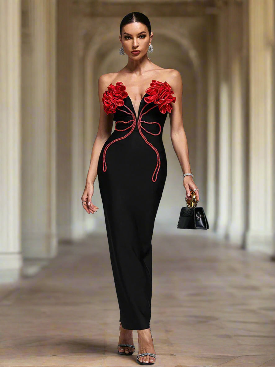 Sexy Schwarzes Kleid mit Rote Blüten XF41058