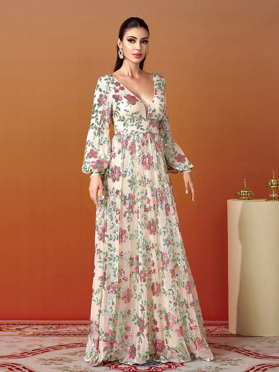 Langarm Promkleid mit Blumen und Glanz RJ10789