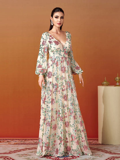 Langarm Promkleid mit Blumen und Glanz RJ10789