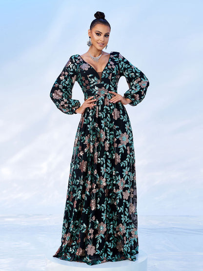 Langarm Promkleid mit Blumen und Glanz RJ10789