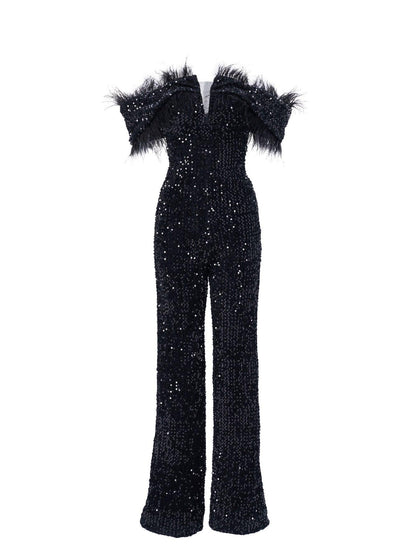 Off Shoulder Feather Jumpsuits M02251 - MISS ORD