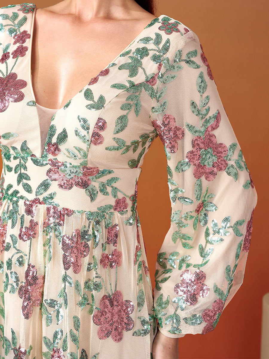 Langarm Promkleid mit Blumen und Glanz RJ10789