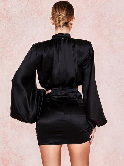 Stand Collar Ruched Ballon Sleeve Mini Dress MCW1200 - MISS ORD