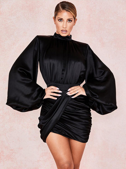 Stand Collar Ruched Ballon Sleeve Mini Dress MCW1200 - MISS ORD