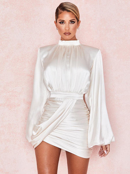 Stand Collar Ruched Ballon Sleeve Mini Dress MCW1200 - MISS ORD