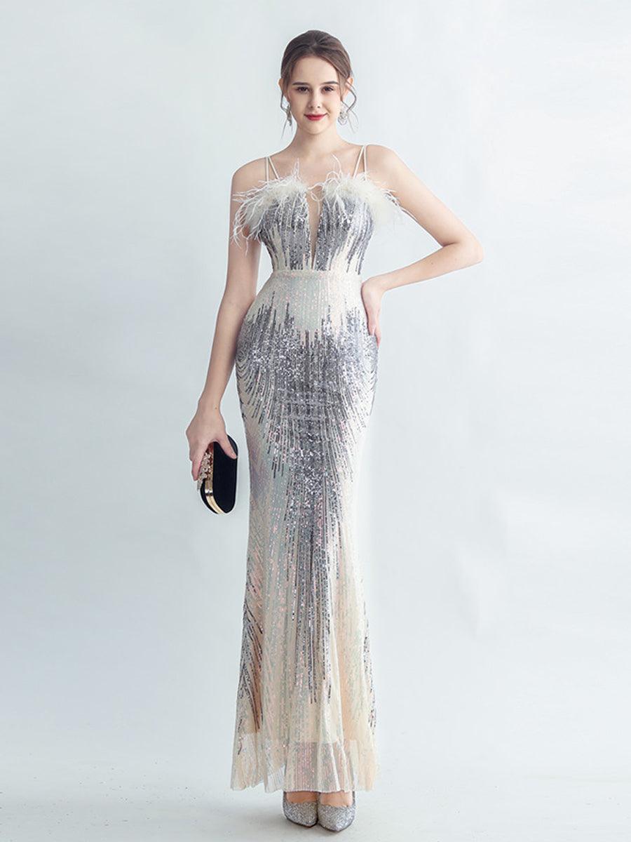 Spaghetti Straps Feather Gradient Sequin Dress GM90120 - MISS ORD