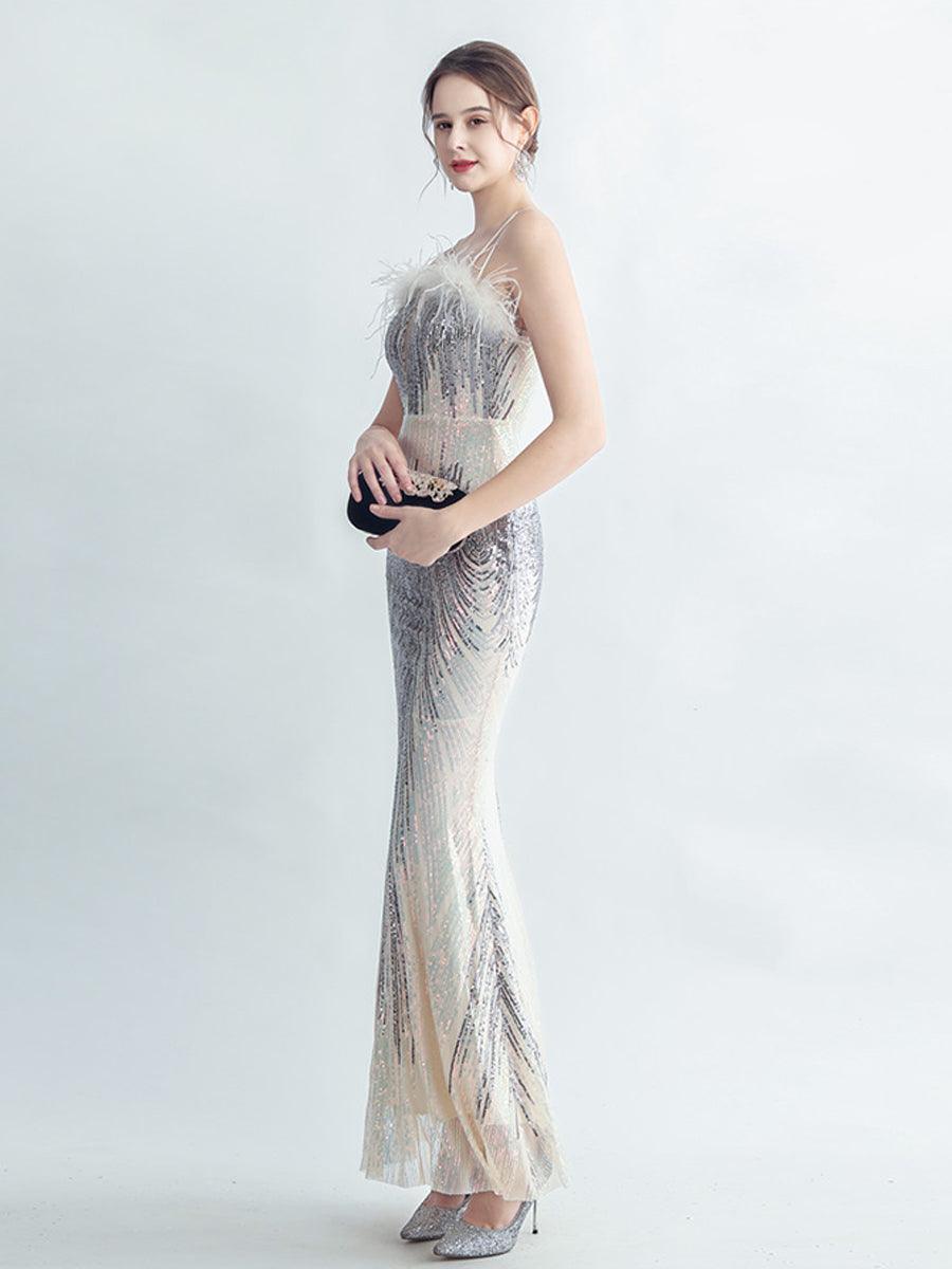 Spaghetti Straps Feather Gradient Sequin Dress GM90120 - MISS ORD