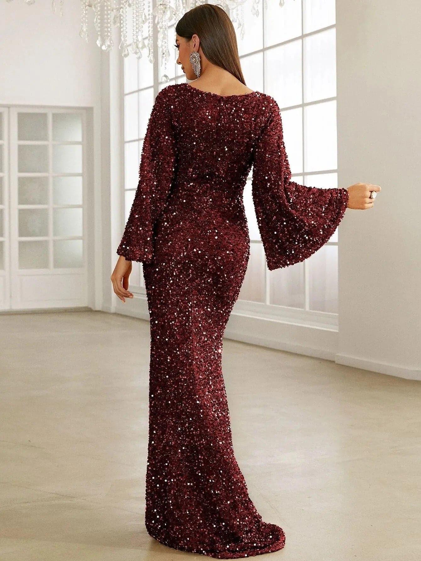 Sequin Bell Sleeve Mermaid Dress M02010 - MISS ORD