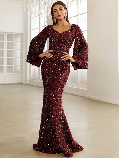 Sequin Bell Sleeve Mermaid Dress M02010 - MISS ORD