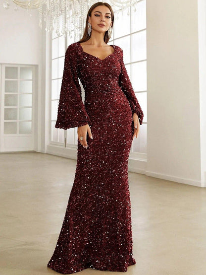 Sequin Bell Sleeve Mermaid Dress M02010 - MISS ORD