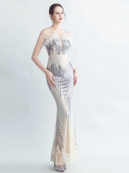 Spaghetti Straps Feather Gradient Sequin Dress GM90120 - MISS ORD