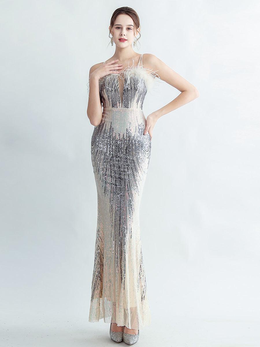 Spaghetti Straps Feather Gradient Sequin Dress GM90120 - MISS ORD