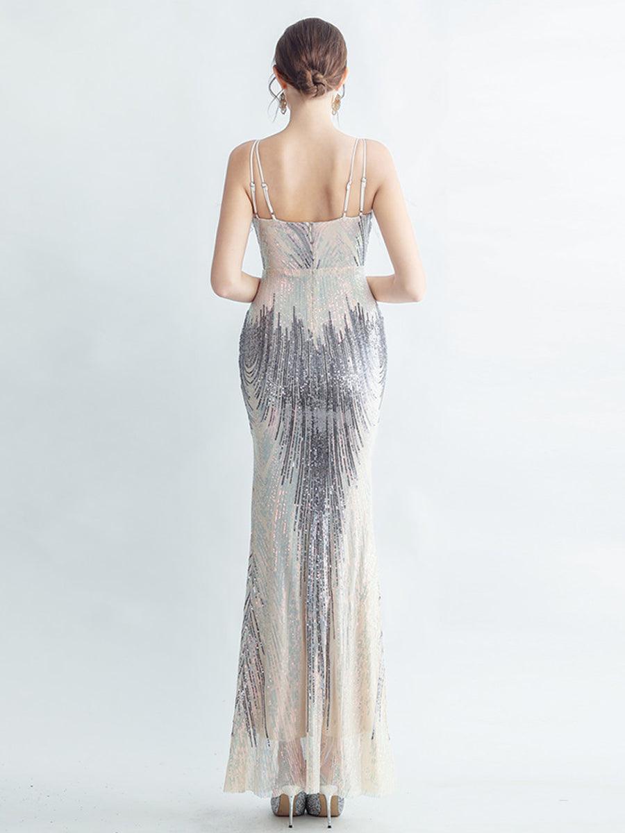 Spaghetti Straps Feather Gradient Sequin Dress GM90120 - MISS ORD