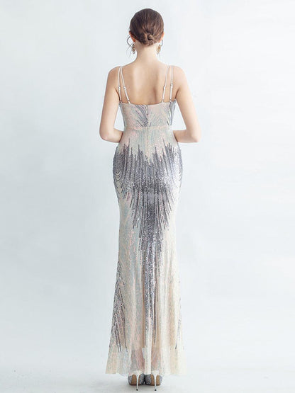 Spaghetti Straps Feather Gradient Sequin Dress GM90120 - MISS ORD