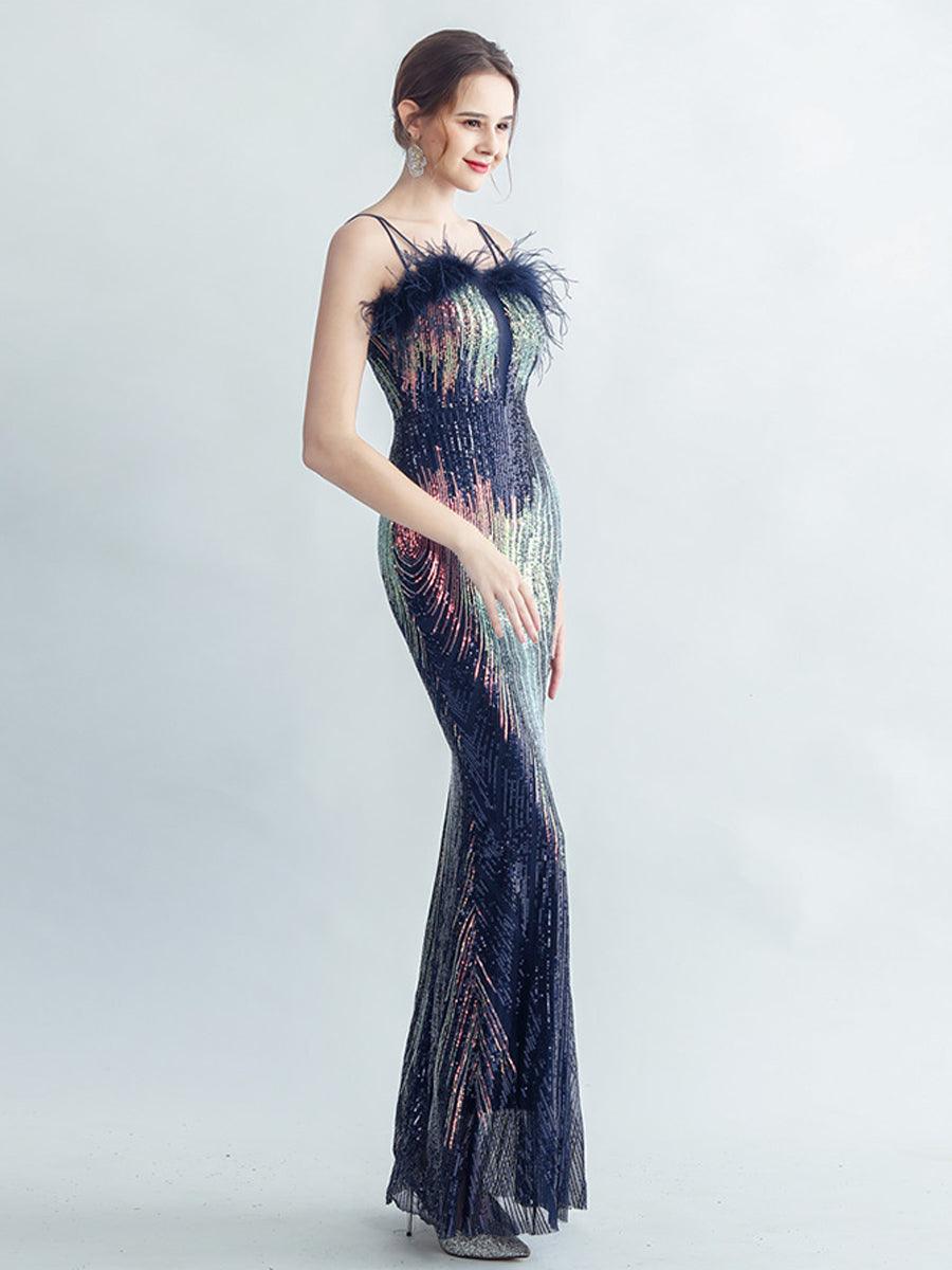 Spaghetti Straps Feather Gradient Sequin Dress GM90120 - MISS ORD