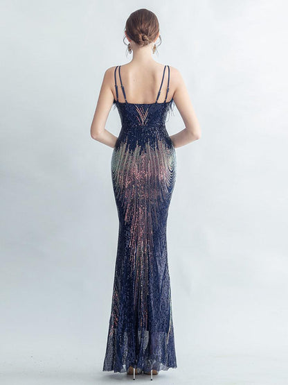 Spaghetti Straps Feather Gradient Sequin Dress GM90120 - MISS ORD