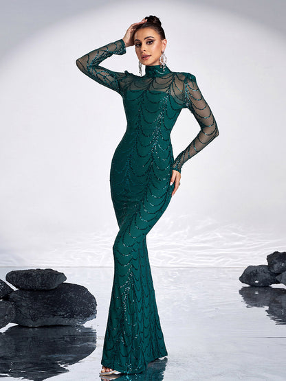 Transparentes Paillettenkleid mit Fischschwanz M0032