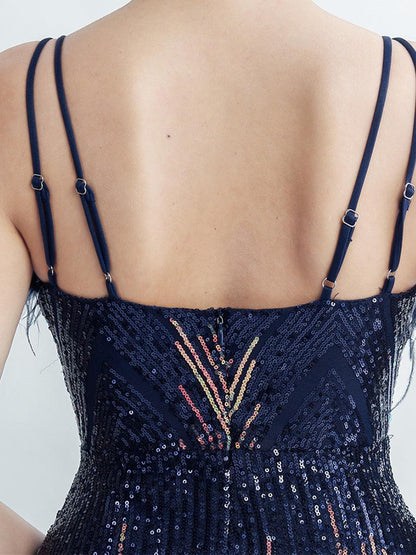 Spaghetti Straps Feather Gradient Sequin Dress GM90120 - MISS ORD
